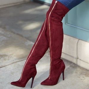 MAROON Thigh High Boots With Gold Zipper